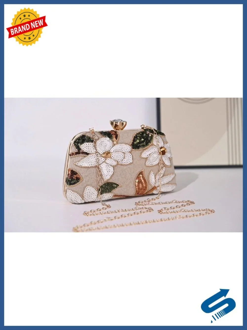 Beaded Embroidered Evening Clutch with Chain Floral Sequin Bag